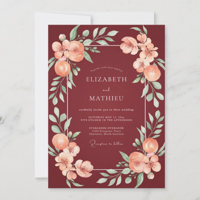 Convite Casamento com Folhas de Coral Borgonha (Frente)