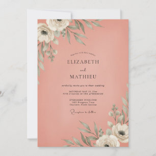 Convite Casamento com Folhas de Coral Suave
