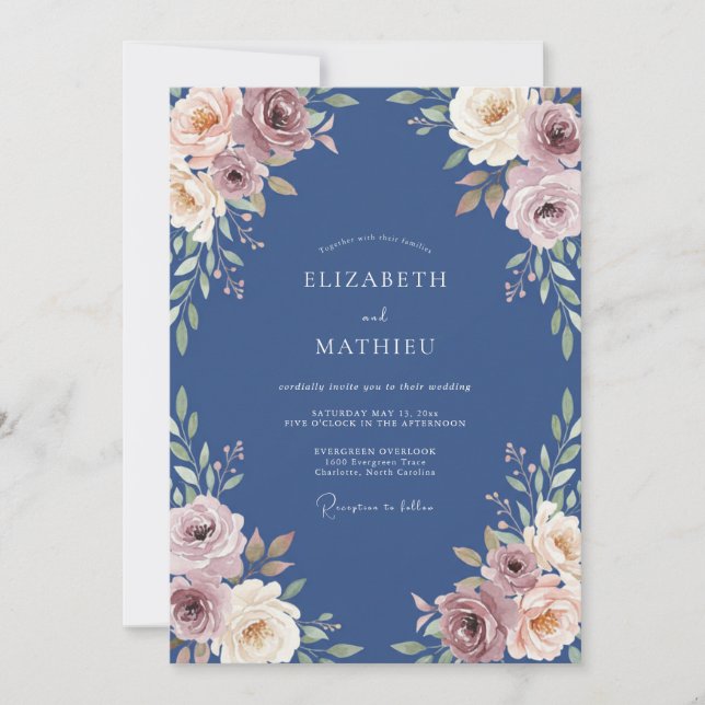 Convite Casamento com Folhas de Cornflower Mauve (Frente)