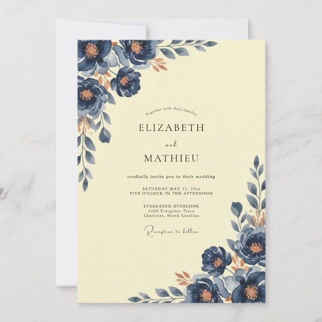Convite Casamento com Folhas de Creme de Manteiga Índigo (Frente)