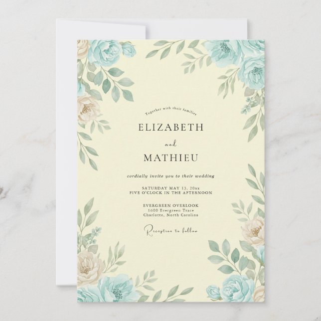 Convite Casamento com Folhas de Creme de Marfim Azure (Frente)