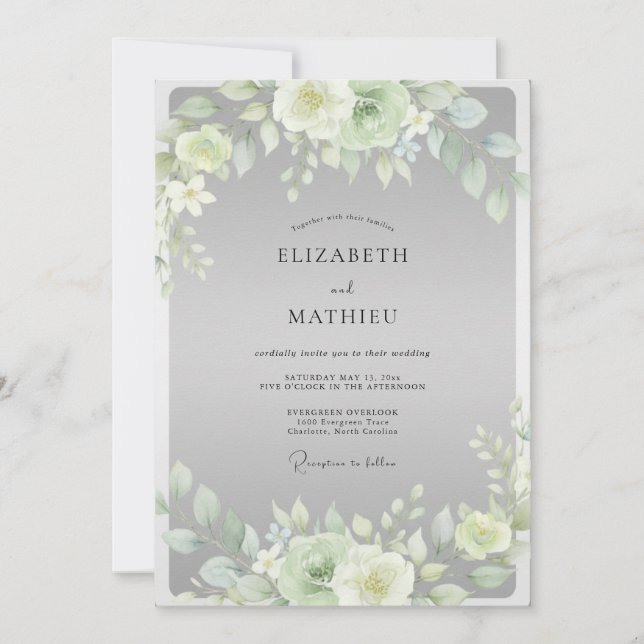 Convite Casamento com Folhas de Creme Prateado (Frente)