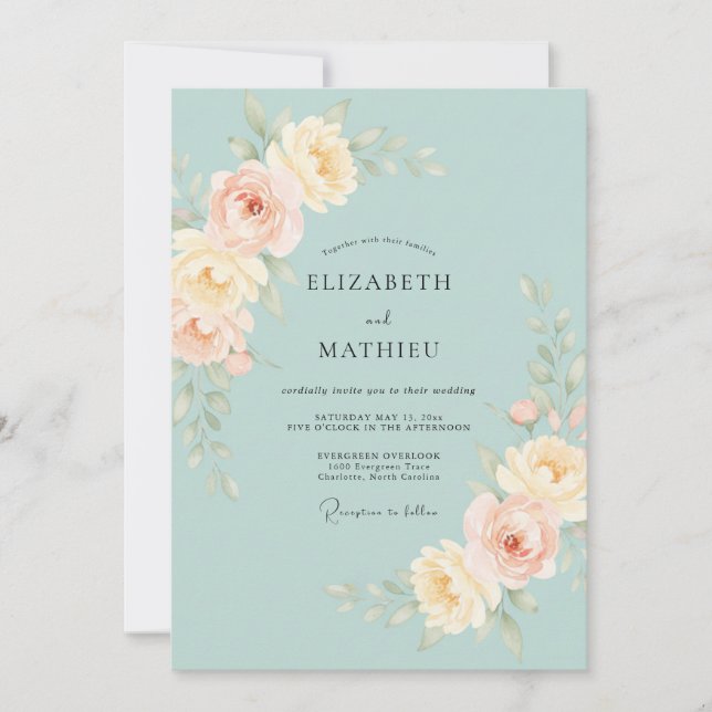 Convite Casamento com Folhas de Damasco Celeste (Frente)