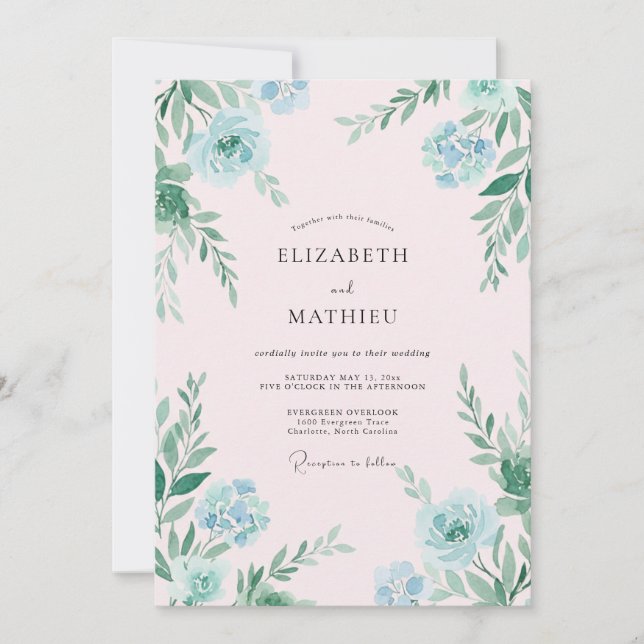 Convite Casamento com Folhas de Hortelã Aquática Pintadas  (Frente)