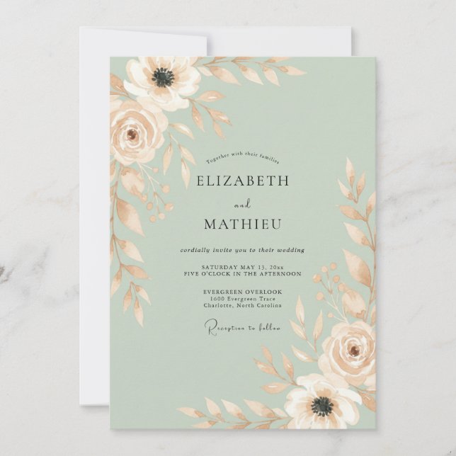 Convite Casamento com Folhas de Hortelã e Champanhe Rosado (Frente)