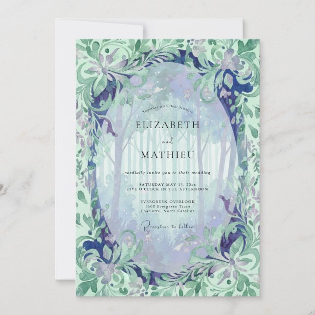 Convite Casamento com Folhas de Hortelã e Periwinkle (Frente)