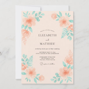 Convite Casamento com Folhas de Hortelã e Pêssego Rosado