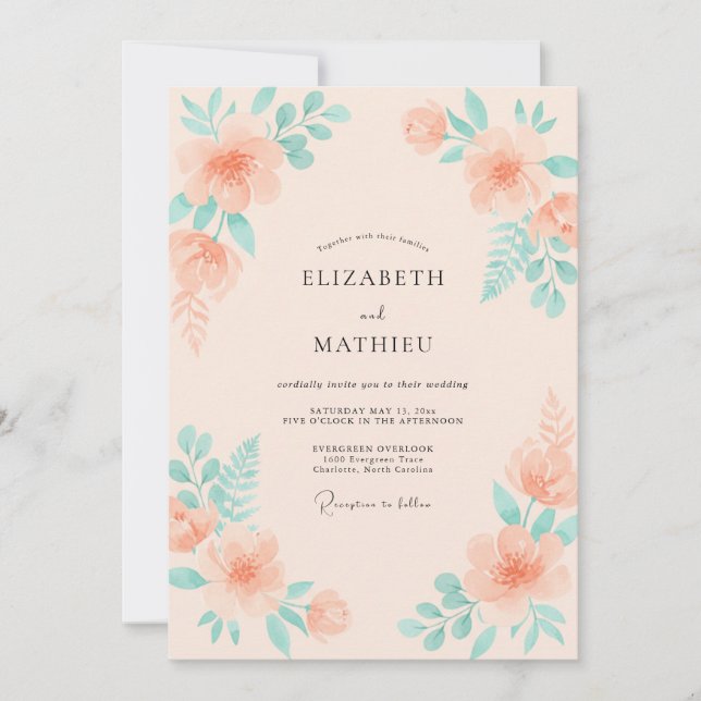 Convite Casamento com Folhas de Hortelã e Pêssego Rosado (Frente)