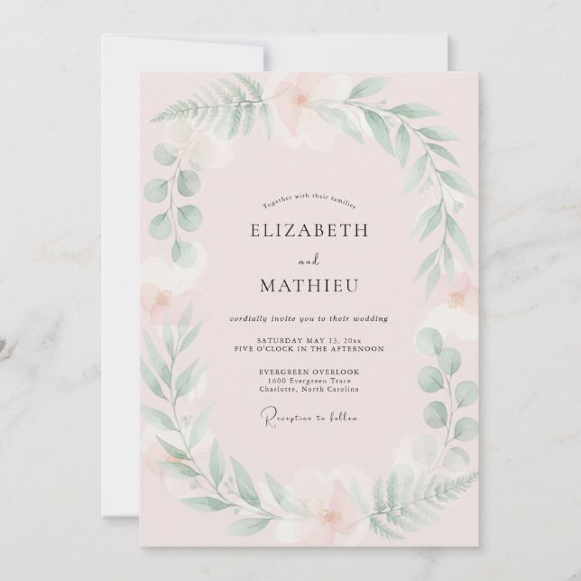 Convite Casamento com Folhas de Hortelã Rosa Rubor (Frente)