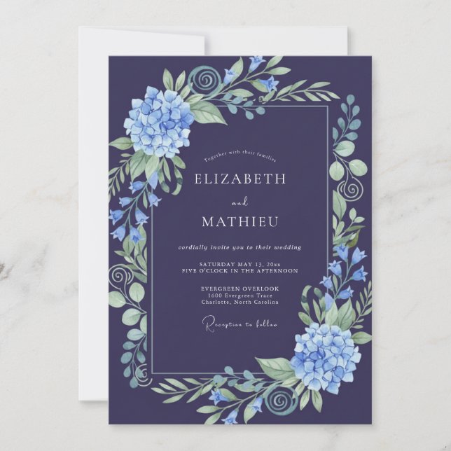 Convite Casamento com Folhas de Hortênsia Índigo (Frente)