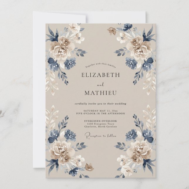 Convite Casamento com Folhas de Índigo Bege (Frente)