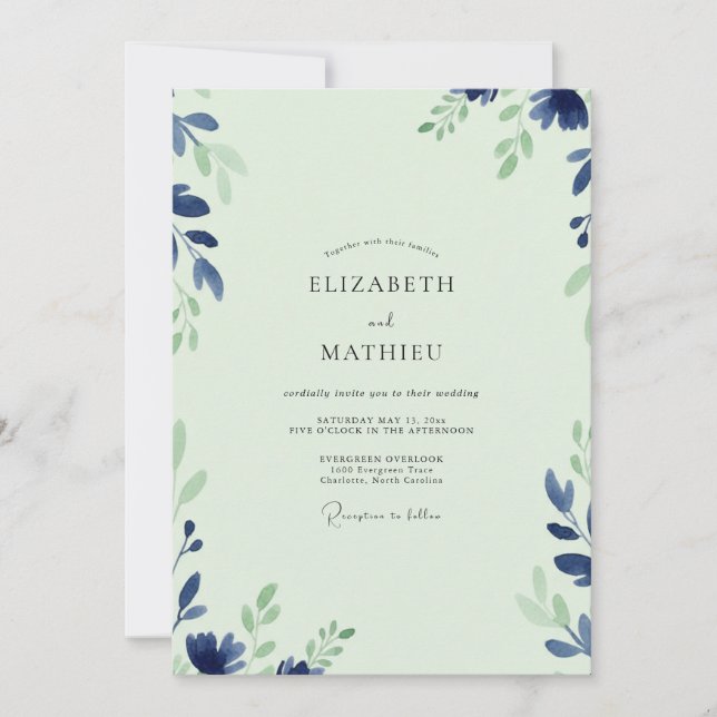 Convite Casamento com Folhas de Índigo Menta (Frente)