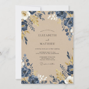Convite Casamento com Folhas de Indigo Quente Dourado