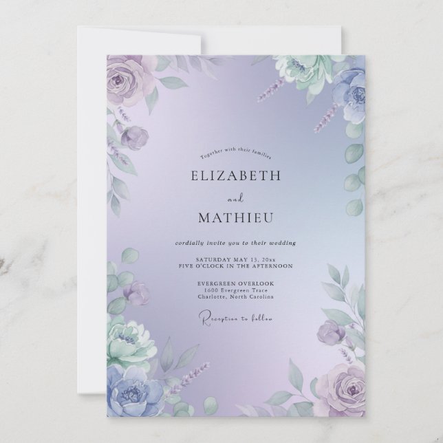 Convite Casamento com Folhas de Lavanda e Periwinkle (Frente)