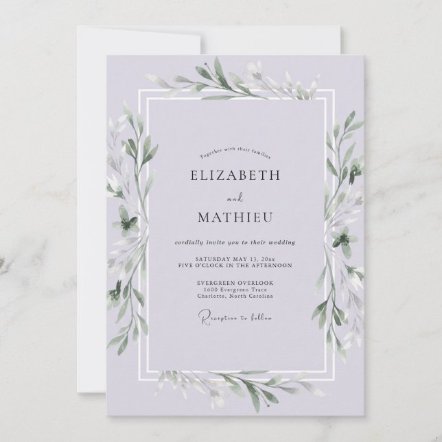 Convite Casamento com Folhas de Lavanda Pálida (Frente)