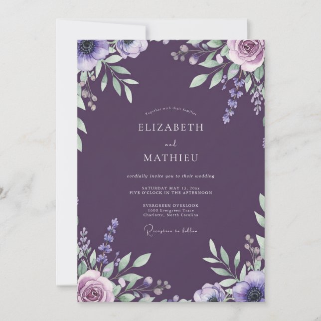 Convite Casamento com Folhas de Lavanda Roxa (Frente)