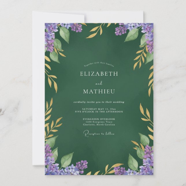 Convite Casamento com Folhas de Lilás da Floresta (Frente)