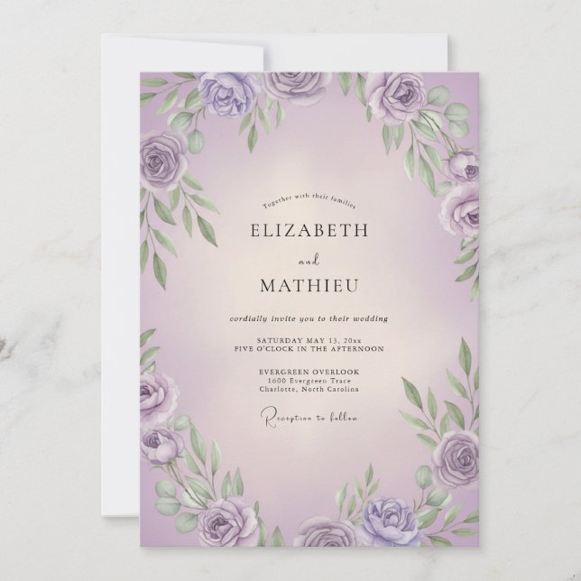 Convite Casamento com Folhas de Lilás Lavanda (Frente)