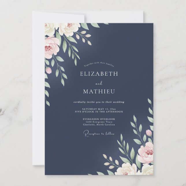 Convite Casamento com Folhas de Marfim à Meia-Noite (Frente)