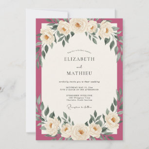 Convite Casamento com Folhas de Marfim Magenta