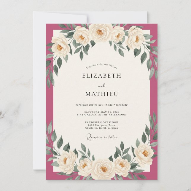 Convite Casamento com Folhas de Marfim Magenta (Frente)
