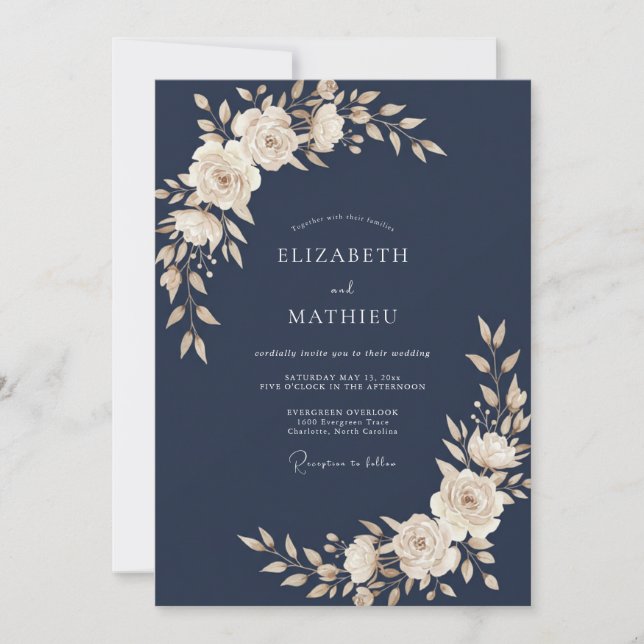 Convite Casamento com Folhas de Marfim Quente à Meia-Noite (Frente)
