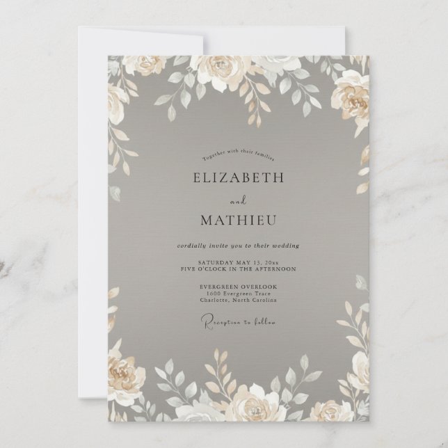 Convite Casamento com Folhas de Marfim Taupe (Frente)