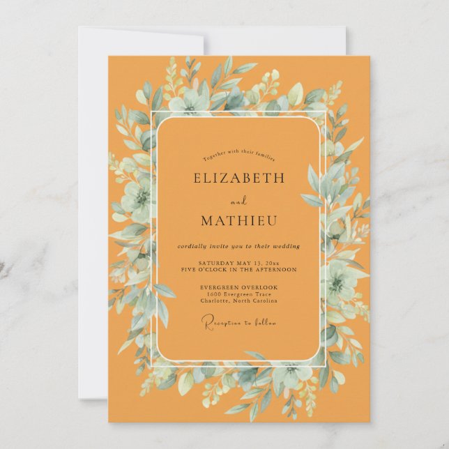 Convite Casamento com Folhas de Marigold Teal (Frente)