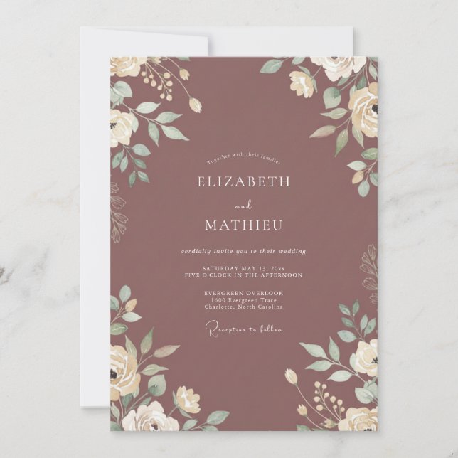 Convite Casamento com Folhas de Mauve Suave (Frente)