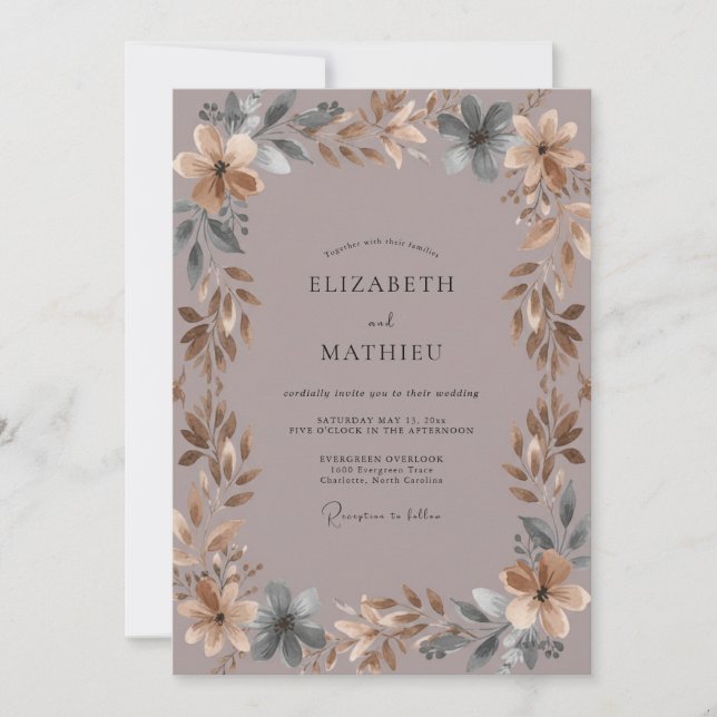 Convite Casamento com Folhas de Mauve Suave Silenciado (Frente)