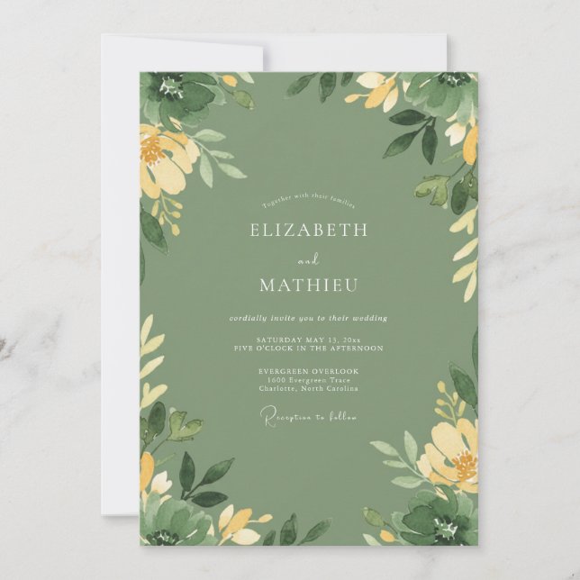 Convite Casamento com Folhas de Musgo Amarelo (Frente)