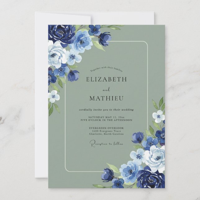 Convite Casamento com Folhas de Musgo Índigo (Frente)