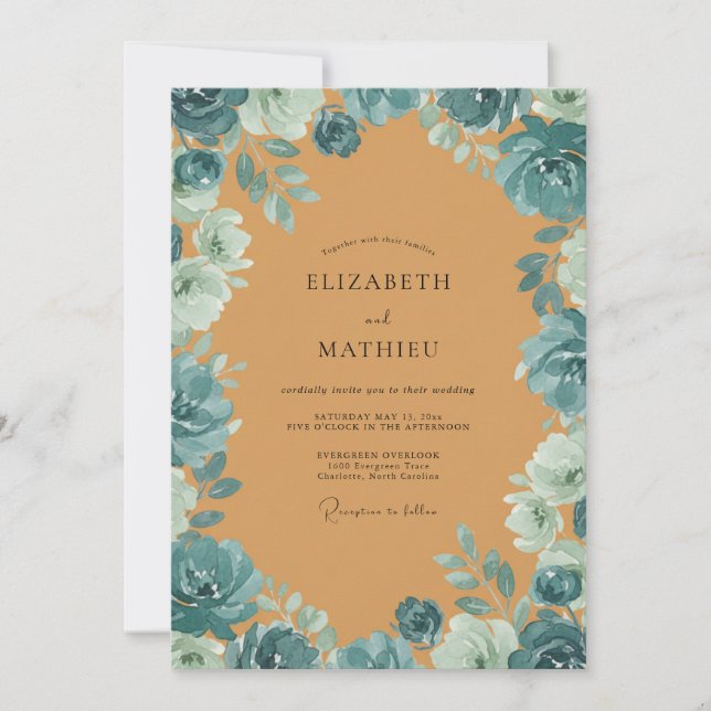 Convite Casamento com Folhas de Ocre Azul (Frente)