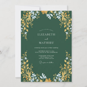 Convite Casamento com Folhas de Ocre Azul-Esverdeado Escur