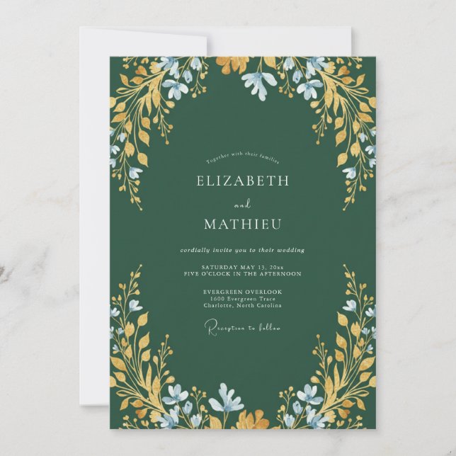 Convite Casamento com Folhas de Ocre Azul-Esverdeado Escur (Frente)