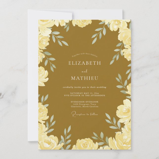 Convite Casamento com Folhas de Ocre Dourado (Frente)