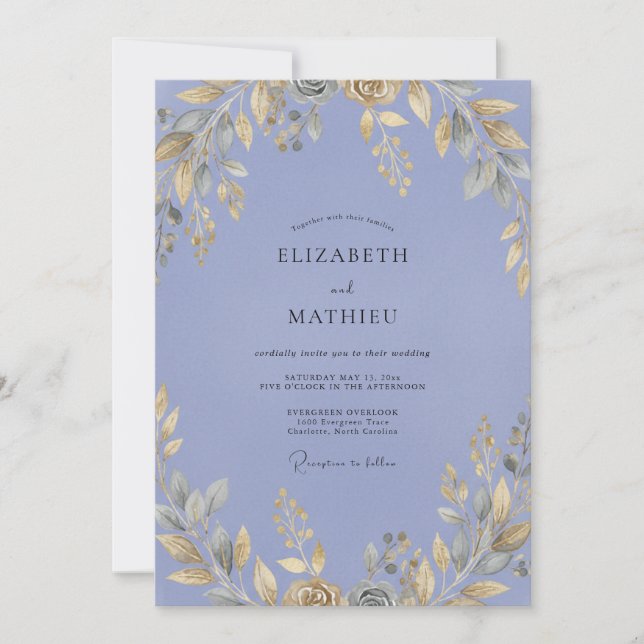 Convite Casamento com Folhas de Ocre e Periwinkle (Frente)