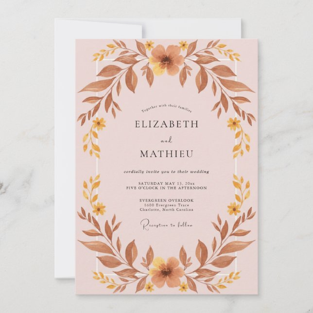 Convite Casamento com Folhas de Ocre Malva (Frente)
