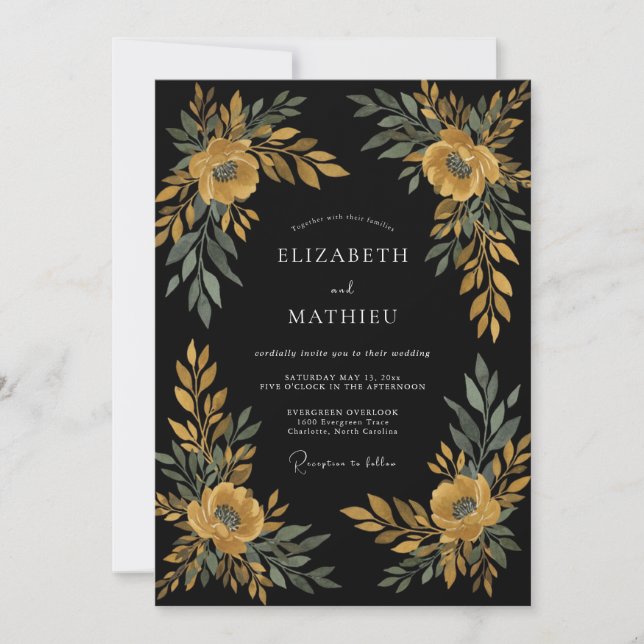 Convite Casamento com Folhas de Ócre Preto (Frente)