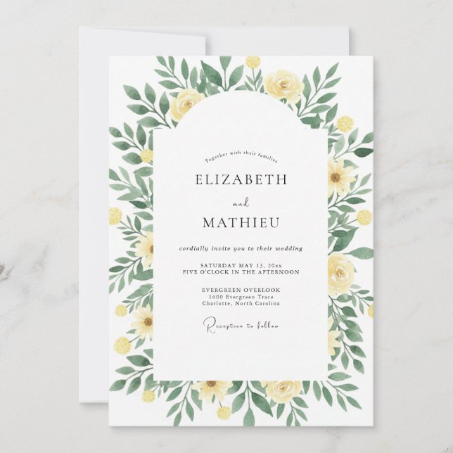 Convite Casamento com Folhas de Oliva Amarelas Pressionada (Frente)