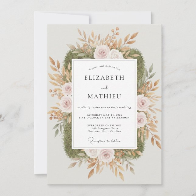 Convite Casamento com Folhas de Oliveira e Champanhe (Frente)