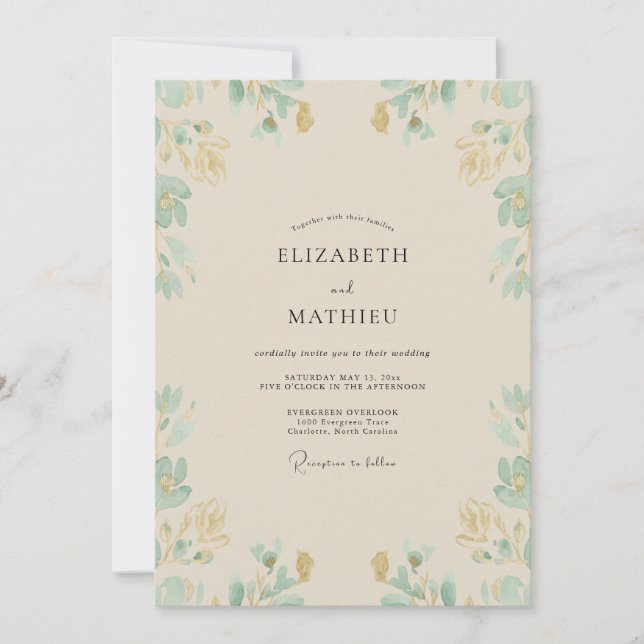 Convite Casamento com Folhas de Oliveira e Salva Champagne (Frente)