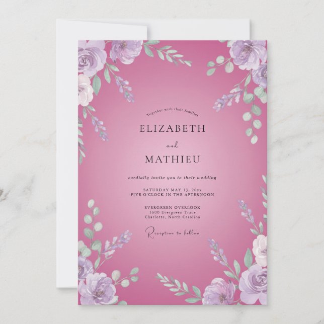 Convite Casamento com Folhas de Orquídea Fúcsia (Frente)