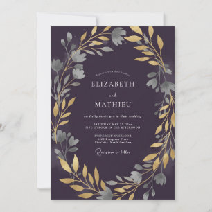 Convite Casamento com Folhas de Ouro e Ameixa Soft