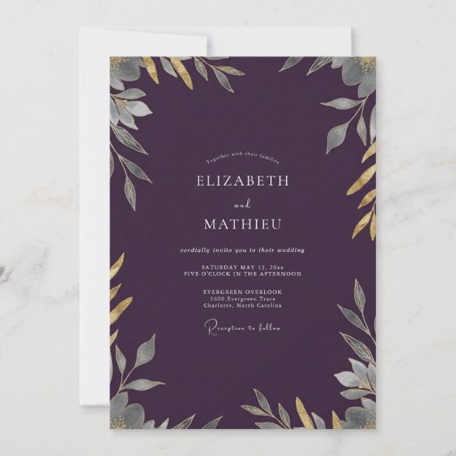 Convite Casamento com Folhas de Ouro e Champanhe de Ameixa (Frente)