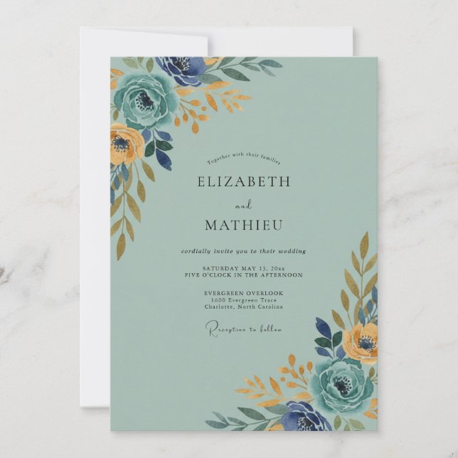 Convite Casamento com Folhas de Ouro e Índigo Macio (Frente)