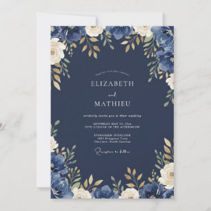 Convite Casamento com Folhas de Ouro Soft Midnight