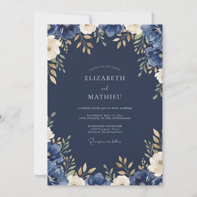 Convite Casamento com Folhas de Ouro Soft Midnight (Frente)
