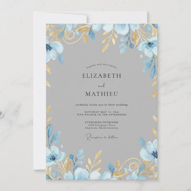 Convite Casamento com Folhas de Ouro Suave em Slate (Frente)