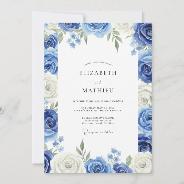 Convite Casamento com Folhas de Peônia Azul (Frente)